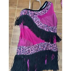 Dance Costume Large Child Pink Art Stone 0597 Jazz Latin Fringe Animal Print